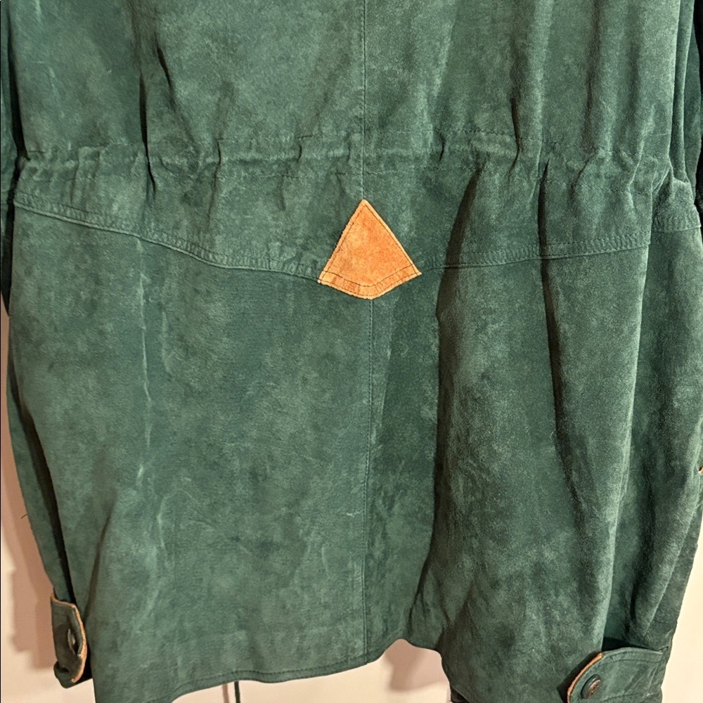 Vintage 1990s Dark Green Suede Jacket with Tan Accents Winter Fashion Coat 2X - Picture 16 of 17